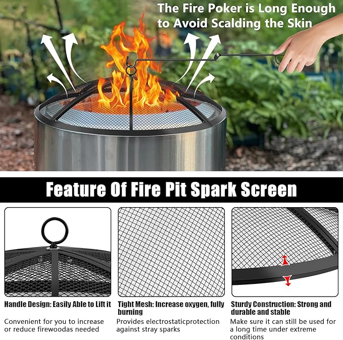 Fire Pit Spark Screen, Fire Pit Screen 24 Inch Round with Handle & Poker, Collapsible Heavy Duty Mesh Fire Pit Cover Fire Pit Lid for Outdoor/Patio/Backyard/RV Camping/Beach