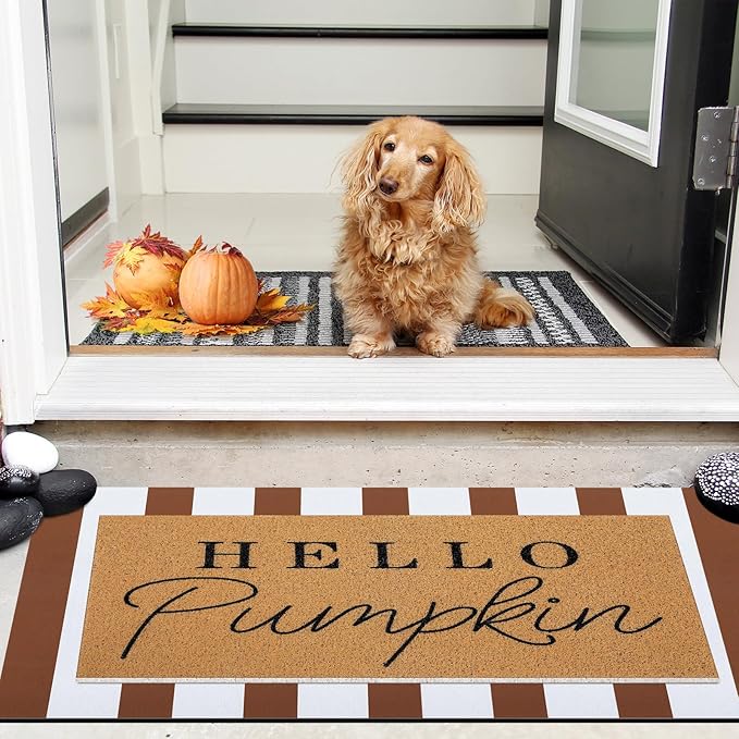 Tinideya 2 Pcs Fall Door Mat Hello Pumpkin Welcome Non Slip Coir Mats Thanksgiving Brown White Stripe Harvest Floor Layering Doormats Seasonal for Front Porch Entryway Decor(Brown White)