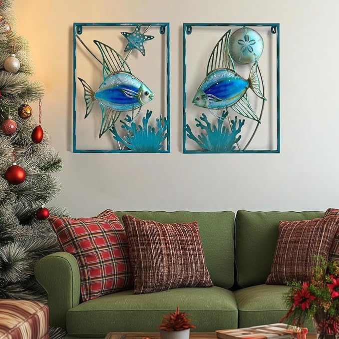 LIFFY Metal Fish Wall Decor with Frame-Outdoor Wall Art, Wall Decor with LED Fairy Lights, Fish Glass Art Wall Sculpture for Patio,Beach,Garden,Yard,Pool,home gift(2pcs, Blue)