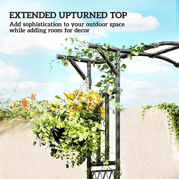 Outsunny Garden Arch, 7.5ft PE-Coated Steel Garden Arch Trellis for Climbing Plants, Arbour Archway with Extended Top for Wedding Ceremony Garden Backyard Lawn Patio, Black