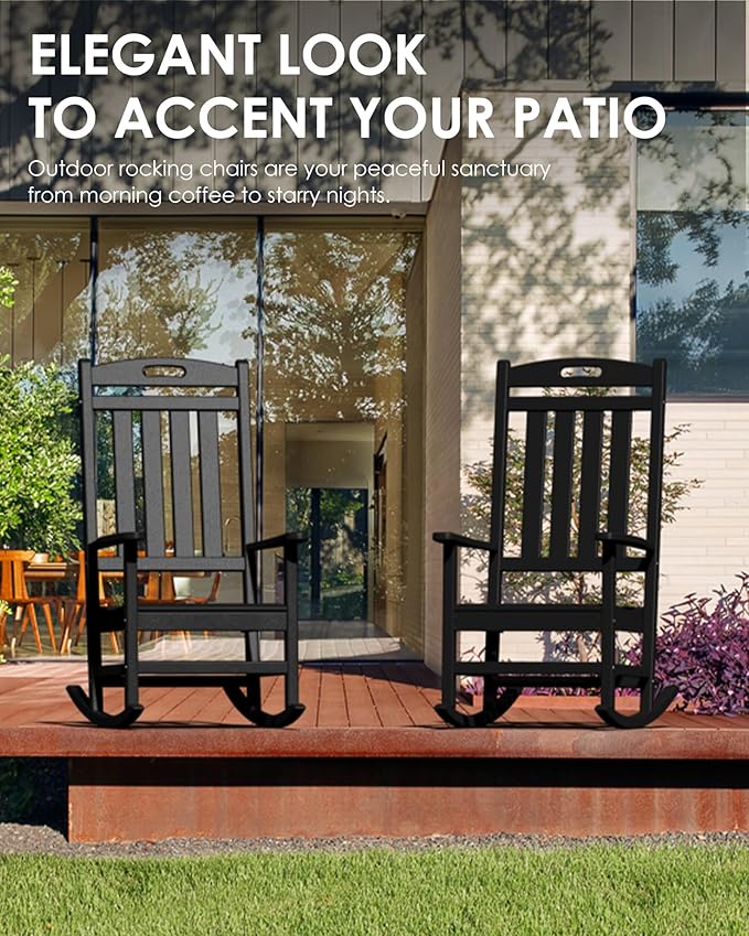 Outdoor Rocking Chair Set of 2, All-Weather Resistant Poly Lumber Rocker Chair Outdoor, High Back Plastic Patio Rocking Chairs for Outside Porch Rocker Garden Lawn, Black