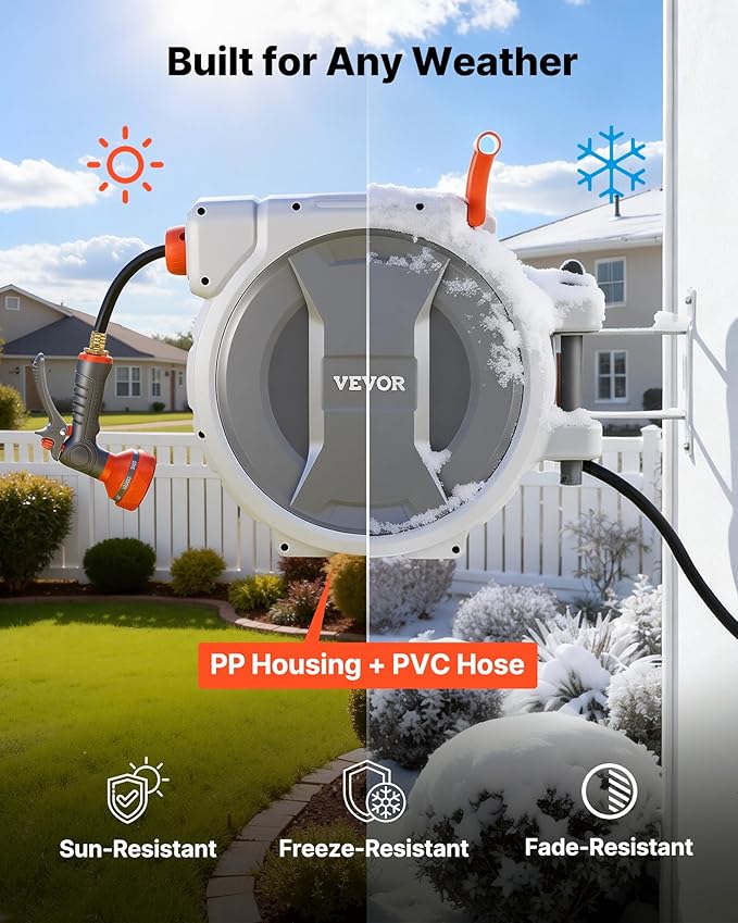 VEVOR Retractable Garden Hose Reel, 1/2 in x 100 ft, Wall Mounted Hose Reel with 9-Function Sprayer Nozzle and 180° Swivel Bracket, Any Length Lock, Automatic Slow Rewind System, for Garden Watering