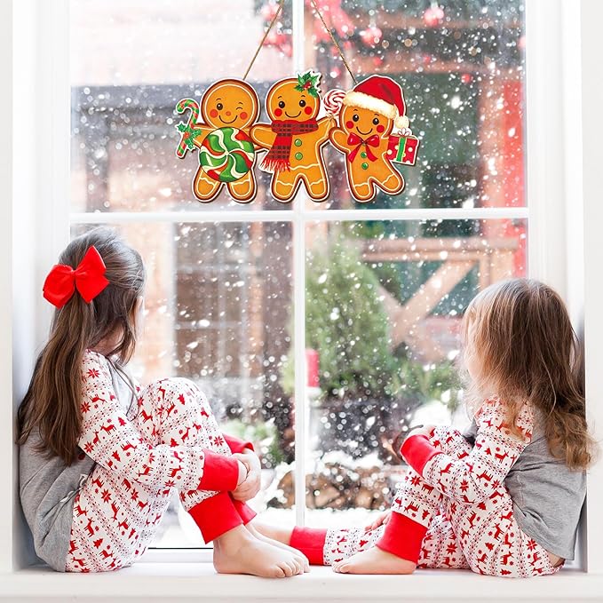 Whaline Christmas Wooden Hanging Sign Gingerbread Man Candy Welcome Wood Sign Xmas Holiday Door Decor Signs for Indoor Outdoor Porch Wall