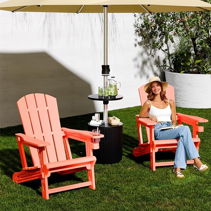 Adirondack Chair, Patio Chairs with Cup Holder, Plastic Adirondack Without Screws Install, Outdoor Funiture for Backyard Garden Lawn Beach, 400 LBS Capacity, Orange
