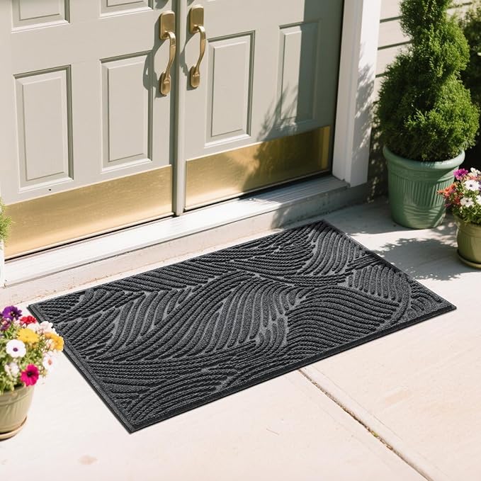 Yimobra Doormat Indoor Outdoor Entrance, Simple Stripes, All-Weather Waterproof & Non-Slip Mat for Front Door, Heavy Duty Polyester Welcome Mat for Garage, Patio-47x24，Dark Grey