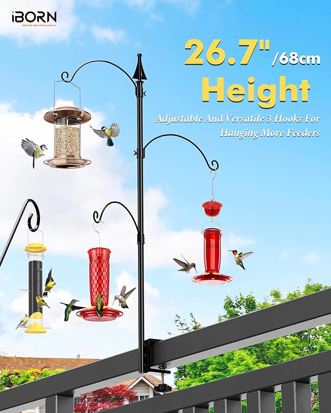 iBorn Bird Feeder Hook for Deck Railing Outside Hanging for Hummingbird Feeders Deck Hanger,3 Hooks 360 Degree Swivel,Attracting Birds Shepard Hook for Bird Feeders (Feeders are Not Included)