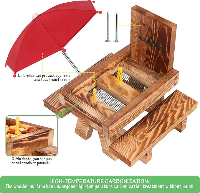 MIXXIDEA Squirrel Feeder Picnic Table with Tall Umbrella, Wooden Squirrel Feeders for Outside, Cute Chipmunk Feeder with Corn Cob Holder, Solid Structure, Thick Wood (Rustic Brown Red Umbrella)