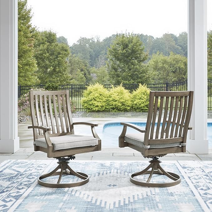 Signature Design by Ashley Rainier Ranch Contemporary Nuvella Weather Resistant Fabric Outdoor High Back Rocker Swivel Chair with Cushion, Set of 2, Light Brown & Beige