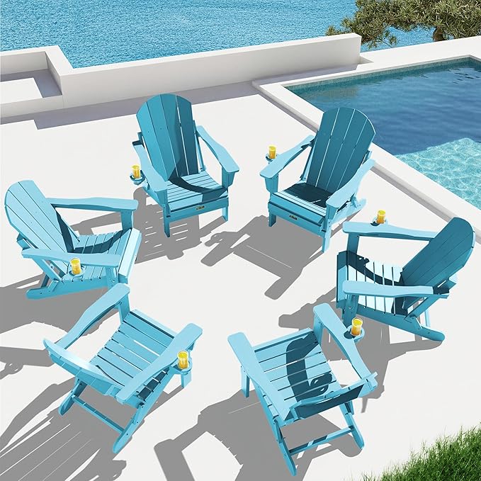 SERWALL Foldable Adirondack Chair Set of 4 for Patio Garden Outdoors- Aruba Blue