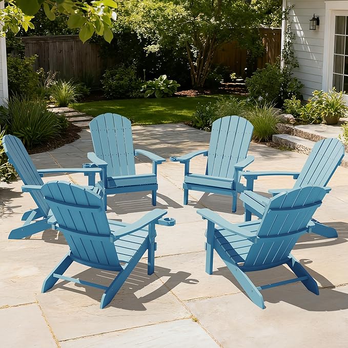 YEFU Adirondack Chairs Set of 6: Outdoor Chair HIPS Plastic Adirondack Chairs - Patio Chairs with Wood Texture - Lawn Fire Pit Deck Porch Garden Chairs for Adults (Blue)