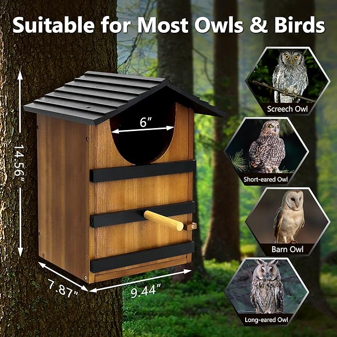 KOOPRO Screech Owl House for Outdoors, Large Barn Owl Nesting Box Wooden Bird House for Outside with Shavings Bird House, 14.5×9.4×7.8 Inches Easy Assembly Required