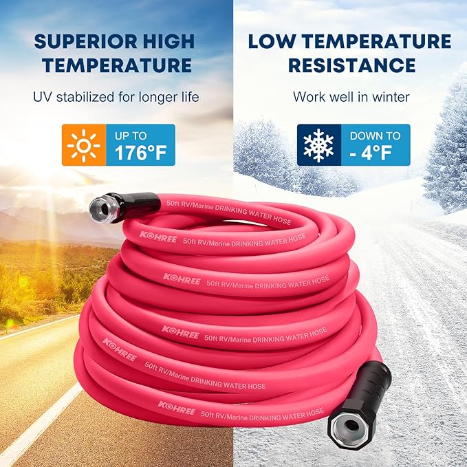 Kohree 50 FT RV Water Hose with Storage Bag, 5/8'' Premium Drinking Water Hose, Leak-free, No Odor, Anti-Kink and Flexible Garden Hose for RV, Camper, Truck, Car - Pink