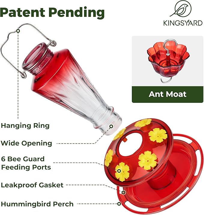 Kingsyard Glass Hummingbird Feeders for Outdoors Hanging Ant & Bee Proof, 16 Ounces Bird Nectar Feeder 6 Flower Feeding Ports, Leak Proof, Easy to Refill & Clean, Ant Moat Included, Red Gradient