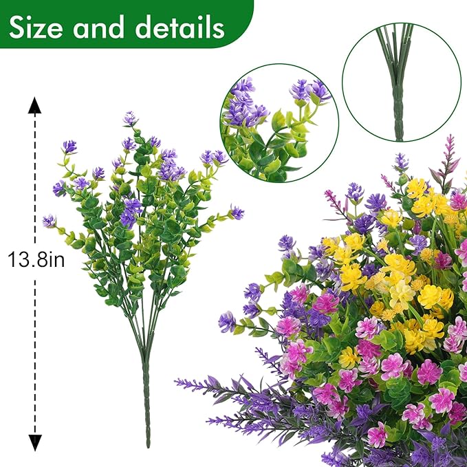 Hananona Artificial Flowers Outdoor, Faux Artificial Plants UV Resistant Plastic Flower Bulk for Hanging Planter Porch Window Home Wedding Fall Summer Decor (24, Fuchsia, Purple, Yellow, Green)