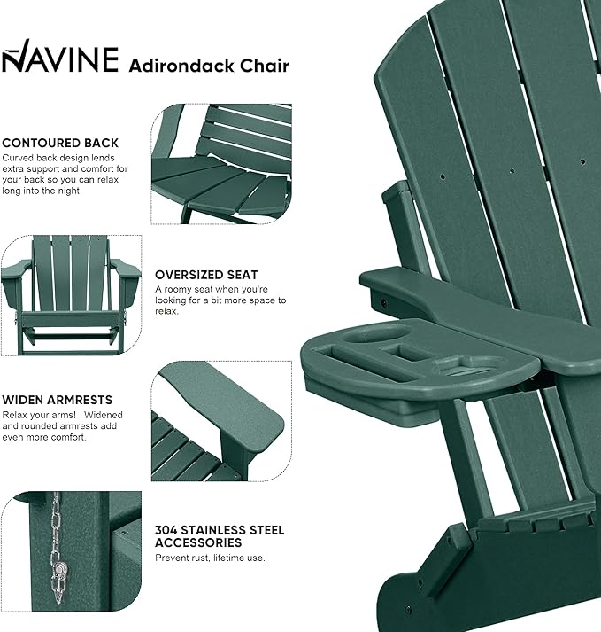 Adirondack Chair Set of 2, HDPE Folding Adirondack Chair with Multifunctional Cup Holder, Weather Resistant Fire Pit Chair for porches, patios, patios, poolsides, Decks.