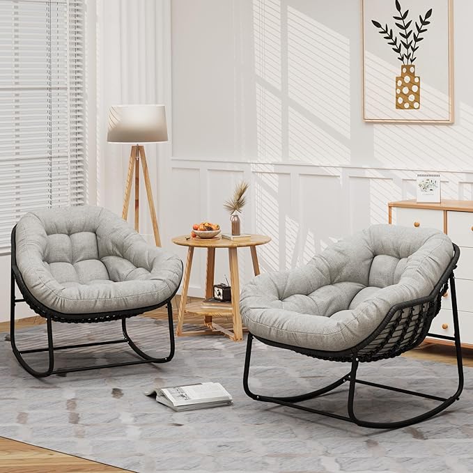 Oversized Rocking Chair Outdoor Set of 2, Rocking Papasan Chair, Patio Egg Chair with Padded Cushion, Outdoor Wicker Rocking Chair for Front Porch, Garden, Patio (Beige)