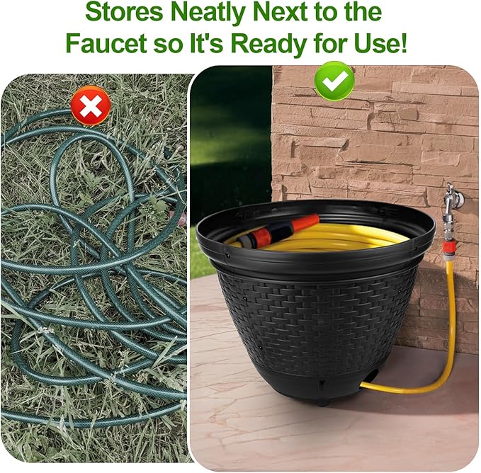 Riokko Garden Hose Holder Pot, Decorative Wicker Hose Holder, Water Hose Storage for Outside/Garage, Hose Box Fits 100-400 FT Hoses with 5 Drain Holes, Large Capacity & Assembly Required, Black