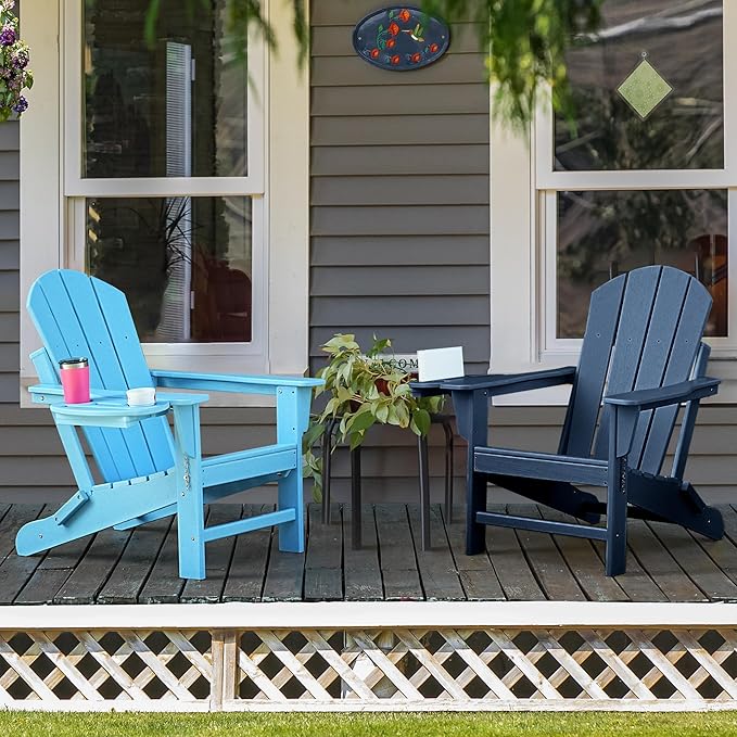 Adirondack Chair Set of 2, HDPE Folding Adirondack Chair with Multifunctional Cup Holder, Weather Resistant Fire Pit Chair for porches, patios, patios, poolsides, Decks.