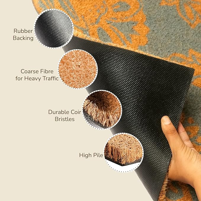 Coir Door Mat, Entryway Floor Mats with Non-Slip PVC Backing, Indoor Outdoor Mat for Front Door Decor, Door Mat, Welcome Mats with Floral Print, Light Blue, 30"x17"