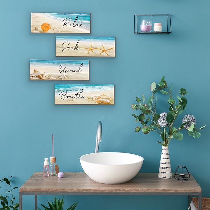 ZINYAZHE 4 Pieces Beach Bathroom Decor Ocean Beach Wall Decors Relax Soak Unwind Breathe Blue Wall Art Wooden Seashell Sea Beach Decorations for Bathroom Living Room Laundry Spa Washroom(12x3.5 Inch)