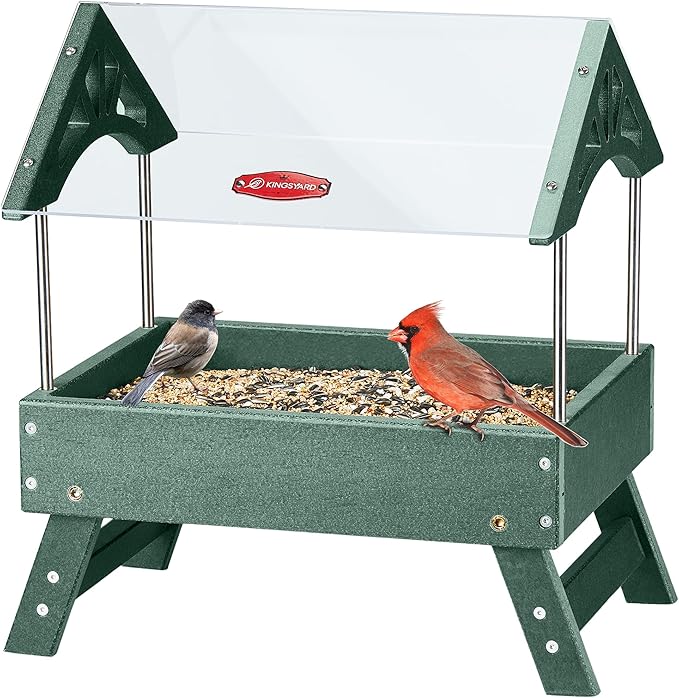 Kingsyard Ground Bird Feeder for Outdoors - Recycled Plastic Platform Feeder for Wild Birds, Rainproof Squirrel Feeders, 5 LBS Large Capacity, Green