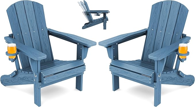 SERWALL Folding Adirondack Chair Set of 2, Adjustable Adirondack Chair with 3 Recline Positions, All Weather HDPE Outdoor Adirondack with Cup Holders, Blue