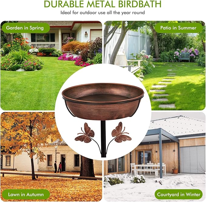 Metal Bird Bath Feeder for Outside – 3.14’’ Deep Birdbaths Bowl with Stable Stake & Upgraded 5-Pronged Base, 13’’ Dia Freestanding for Garden Yard Lawn Decor, 44’’ Tall Easy Clean 1.5 Gallon