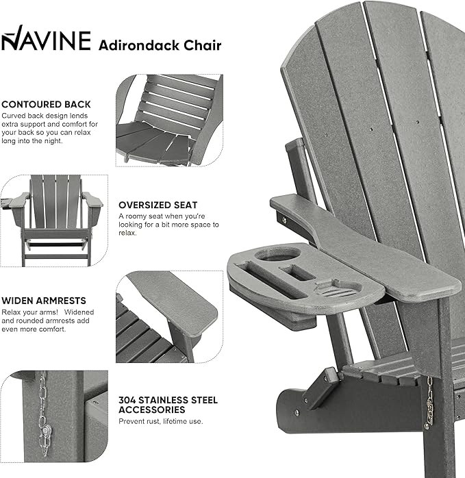 Adirondack Chair Set of 4, HDPE Folding Adirondack Chair with Multifunctional Cup Holder, Weather Resistant Fire Pit Chair for porches, patios, patios, poolsides, Decks.