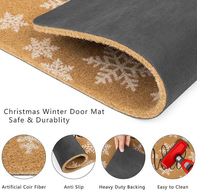 Winter-Welcome-Doormat Outdoor-Entrance Cute Snowflake Door Mat Non Slip Christmas Holiday Coir Doormat 17 X 29 Inch