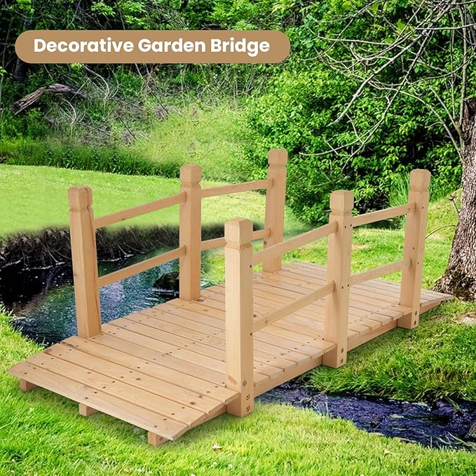 HAPPYGRILL 5FT Wooden Garden Bridge, Decorative Pond Landscaping Bridge with Classic Arc Footbridge & Double Safety Railings, Garden Bridges for Outdoors, Backyard, Garden Farm (Natural)