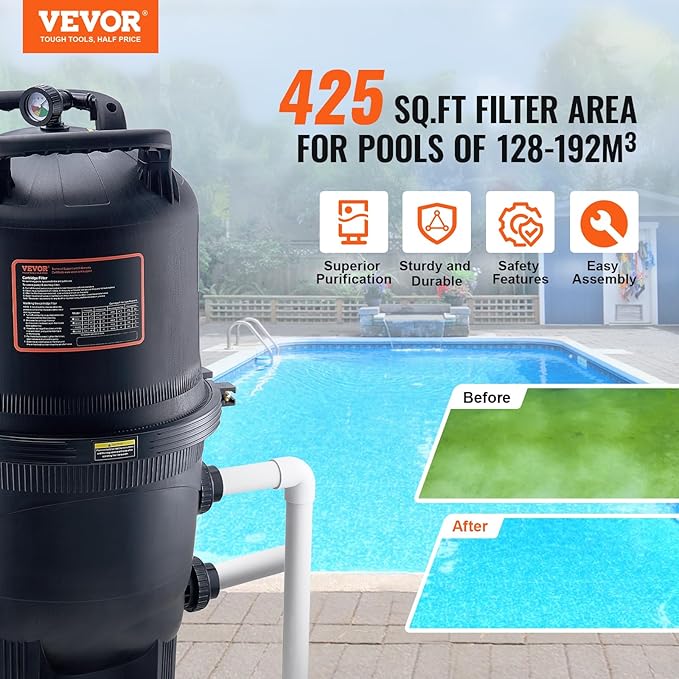 VEVOR 2025 Pro Cartridge Pool Filter Tank & Element for Above Ground & Inground Pools, Large 420-425Sq. Ft Cleaner System Compatible W/Pumps 1 to 3 HP| Up to 13393 GPH |for Pools Up to 107147 Gallons