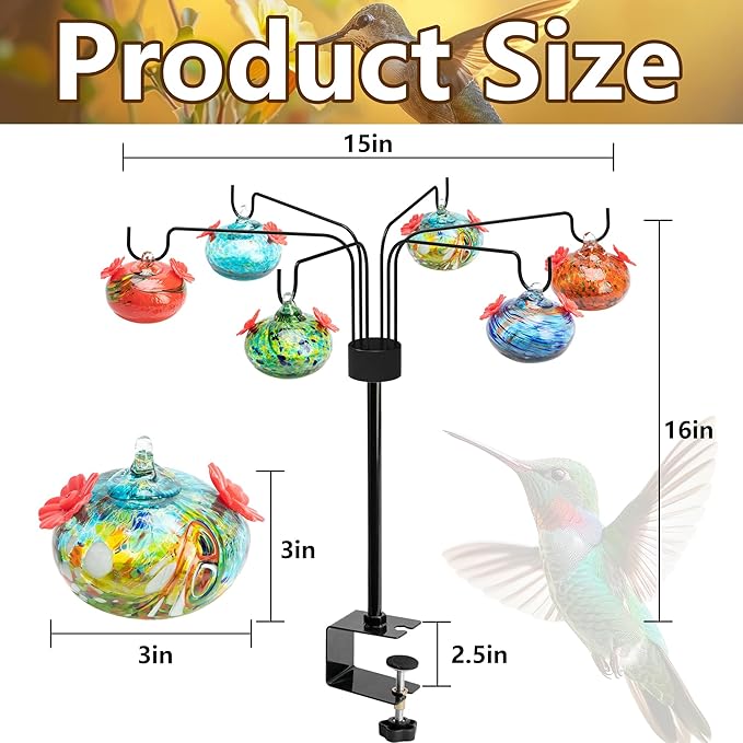 DECOHS Decorative Hummingbird Feeders for Outdoors Hanging with 6 Flower Feeding Ports, Leak Proof Fence Hand Blown Glass Humming Bird Feeders with Shepherd Hook for Window Garden Patio Fence Decor