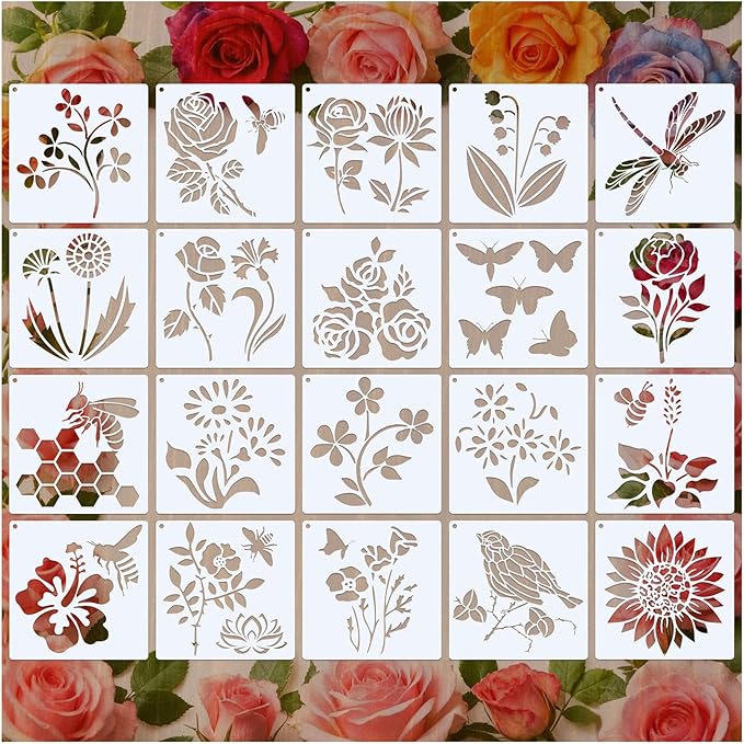 Flower Stencils for Painting on Wood, Wall, Fabric, Paper – 20 Pcs PET Farm Garden Drawing Templates with Butterfly, Dragonfly, Sunflower, Rose Designs, 5x5 Inch Reusable Stencils