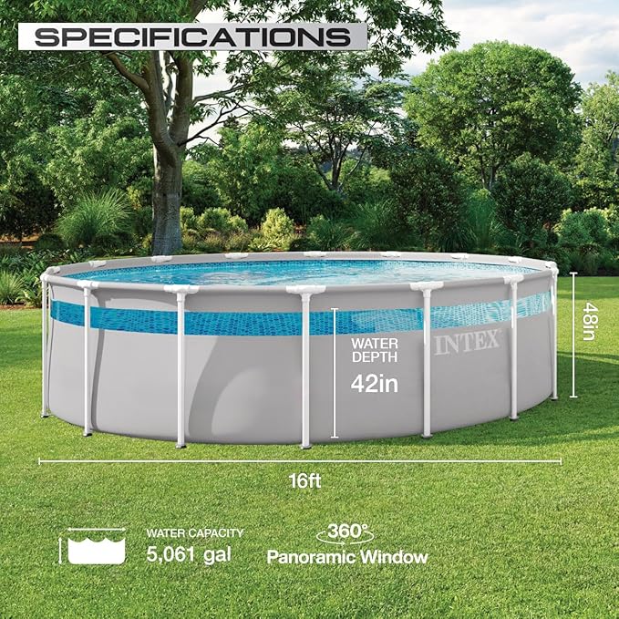 INTEX 26729MZ 16ft x 48in Prism Frame Clearview Above Ground Swimming Pool Set, Includes 1500 GPH Cartridge Filter Pump, SuperTough Puncture Resistant, Rust Resistant, 5061 Gallon Capacity