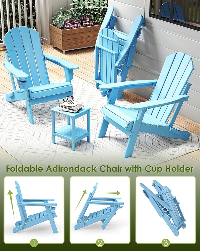 GREENVINES Folding-Adirondack-Chairs-Set-of-4 | HDPE Plastic | Fire Pit Chair | All Weather | Cup Holder | Arctic | for Deck Backyard Patio Outdoor Garden