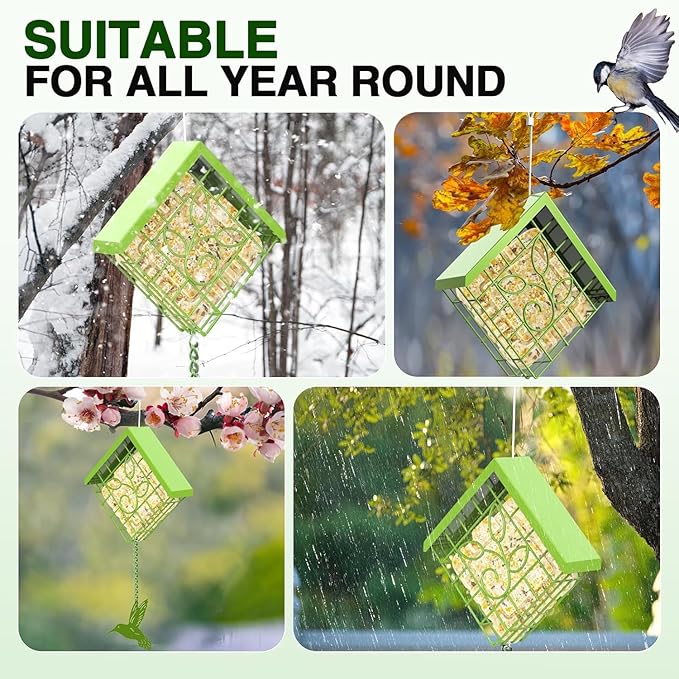 Suet Bird Feeder for Outside, Metal Suet Feeder for Outside Hanging, Single Suet Cake Capacity, Fruit and Suet Feeder Style for Outside Hanging(Green)
