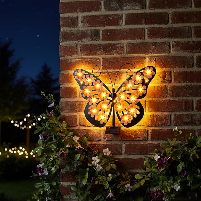 Solar Lights Outdoor Metal Butterfly Wall Decor with 30 Led - 13.5" Outdoor Fence Wall Art,Hanging Decoration for Garden Patio Porch Yard,Gifts for Women，Xmas Gifts for Mom Grandma