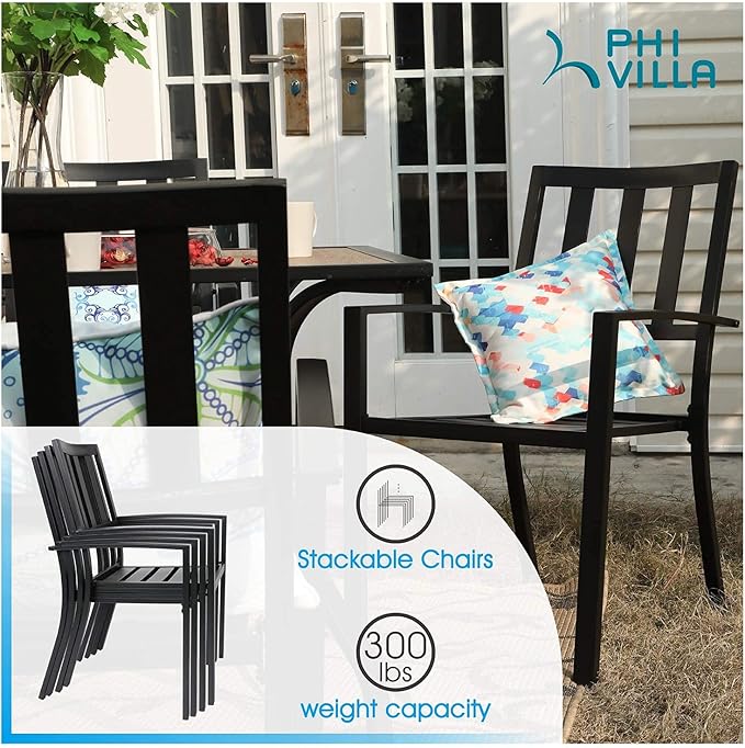 PHI VILLA Metal Outdoor Dining Chairs Set of 6 - Stackable Black Patio Chairs, 300lb Capacity (Stripe)