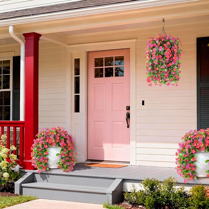 Artificial Fake Hanging Flowers for Outdoors, 2 Pcs Artificial Hanging Plants Outdoors Spring Summer Decor, UV Resistant Faux Violet Silk Flowers for Planters Front Door Yard Garden(Pink Rose Red)
