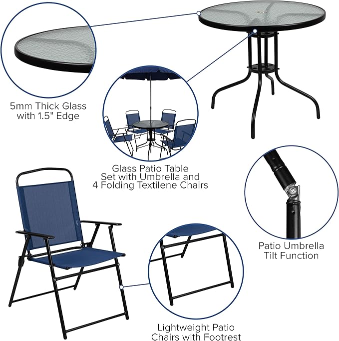 Flash Furniture Nantucket 6-Piece Patio Dining Set with Glass Table, 4 Folding Chairs, and Umbrella, Outdoor Patio Table, Chairs, Umbrella Set, Navy