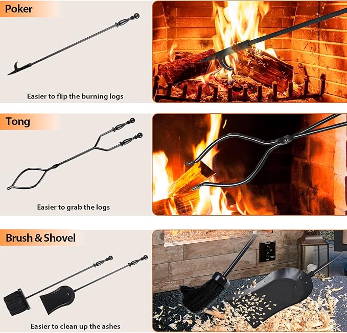 JupiterForce 5 Pieces Fireplace Tools Set Indoor Outdoor 31" Wrought Iron Large Fire Place Set Tools, Fire Pit Tools with Poker Shovel Tongs Brush and Stand, Black