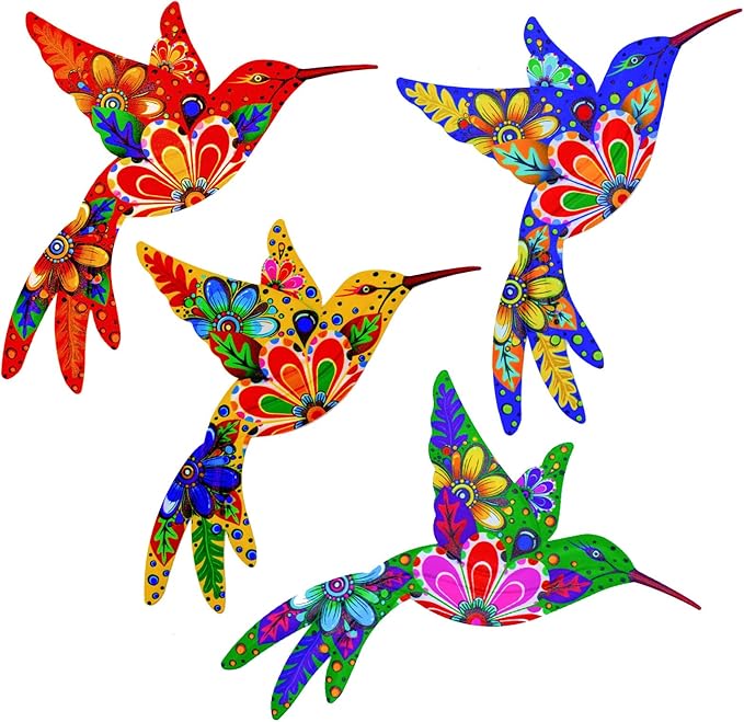 Outdoor Metal Wall Art Garden Decor for Outside Colorful Hummingbird Fence Art - (Set of 4,ColorF)