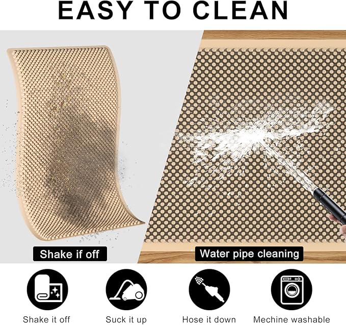 Fowooyeen Outdoor Door Mat, 30'' x 17'' Silicone Scraper, Sturdy Non-Slip Washable Weatherproof Low-Profile Shoe Cleaner for Indoor Entrance, Beige
