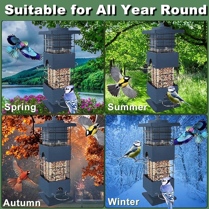 Squirrel Proof Bird Feeder for Outdoors Hanging,3Lbs Metal Birdfeeders Squirrel Proof with 4 Feeding Ports for Outside, Birdseed Feeder for Cardinal, Finch, Sparrow,Bluejay (Blue)