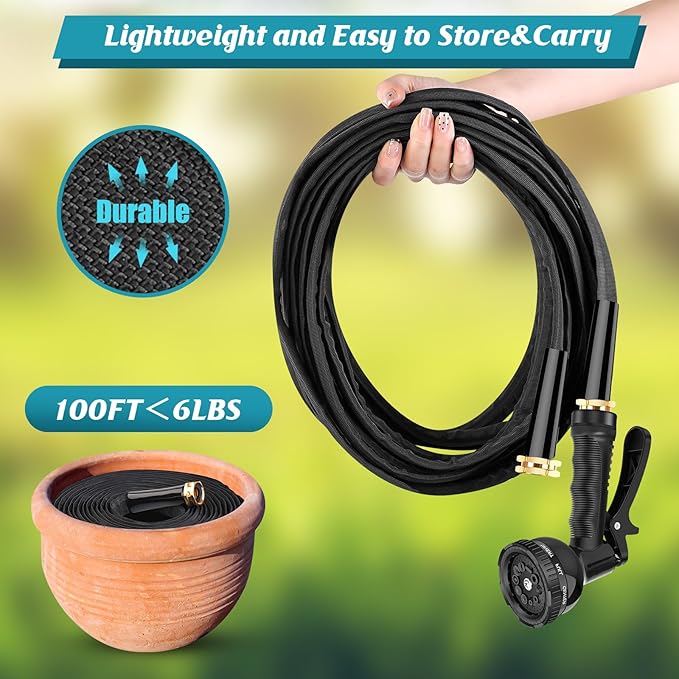 Garden Hose 100ft 3/4, Non-Expanding Water Hose Lightweight, Flexible Garden Hose with 10 Function Nozzle，Kink-Free, Sturdy, High-Pressure, Abrasion Resistant Hoses for Yard, Garden