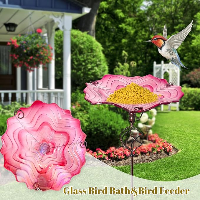 HONGLAND Bird Baths for Outside,12" Small Pink Glass Birdbaths Outdoor,Detachable Bird Feeder with Metal Stake for Garden Yard Patio Decor,32" Height