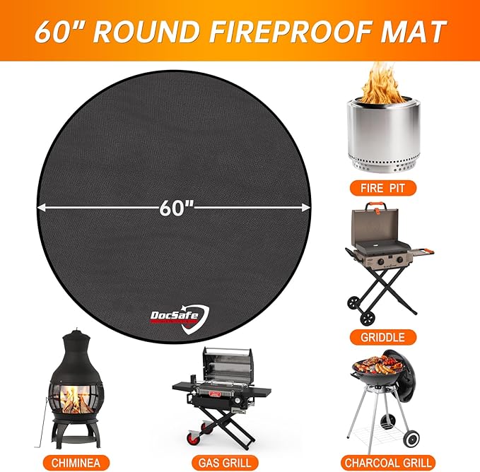 DocSafe 60 x 60 inches Round Under Grill Mat,Large 4 Layers Fire Pit Mat,Fireproof Mat Heat Insulated Protector for Deck,Patio,Grass,Smoker,BBQ,Reusable Oil-Proof and Waterproof Indoor Fireplace Pad