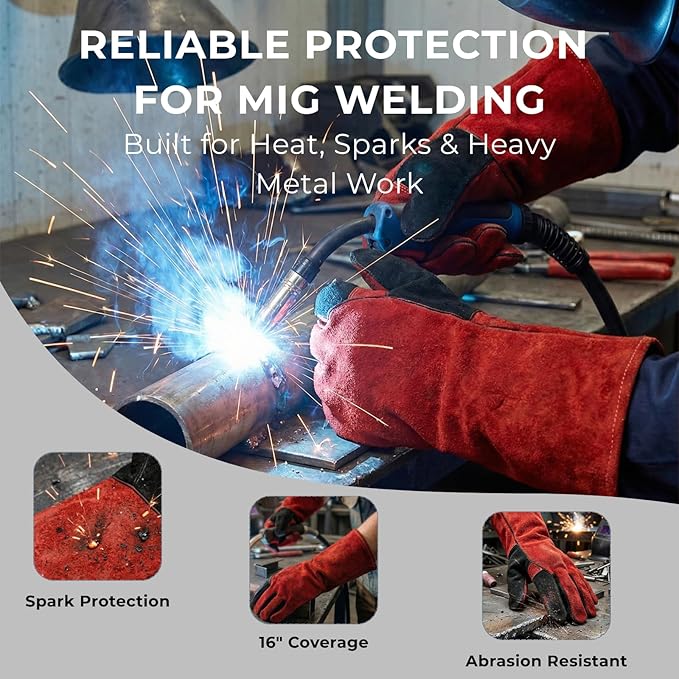 Welding Gloves for Men Women, 16 Inch Leather Heat Resistant Work Gloves, MIG TIG Welding, BBQ, Fireplace