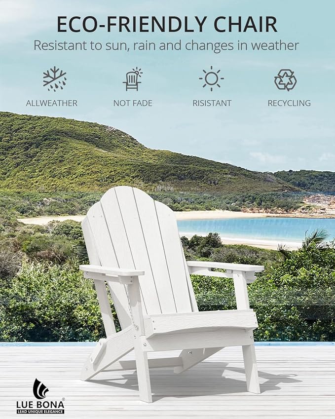 LUE BONA Folding Adirondack Chair, Chairs Set of 2, Cup Holder, Woodgrain, Fire Pit, Patio, Pool, White
