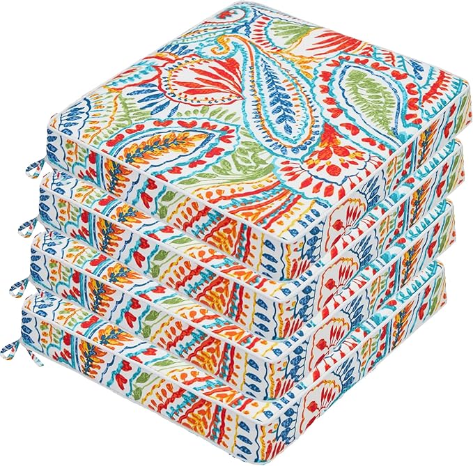 JMGBird Outdoor Chair Cushions Set of 4 - Waterproof Patio Seat Cushions 19x19 Inch with Ties, Paisley Pattern High Density Foam Square Cushions for Garden Furniture